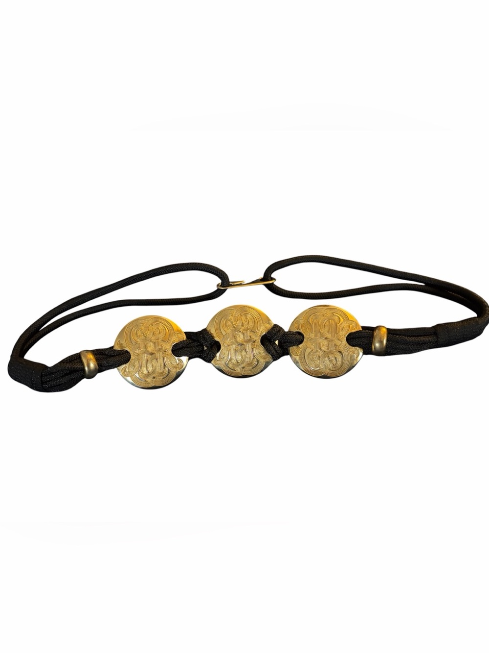 Vintage Black Woven Cord Statement Belt Gold Tone Medallions